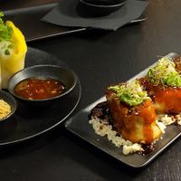 Left: fresh Vietnamese spring rolls with mango, right: sweet and spicy tofu at Silk  in Zagreb