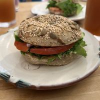 Za’atar Hummus & Veg on everything bagel.  at Gemini Cafe & Bakery in Bethel