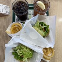 Vegan burger with fries/onion rings.  at Mos Burger in Naha