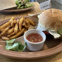 Brown rice burger and fries   at Cafe Graphy in Tokyo