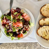 Olives and peppers, Greek salad, toast   at Xenious Zeus in Athens