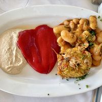 Hummus, pepper, giant beans, stuffed zucchini flower  at Xenious Zeus in Athens