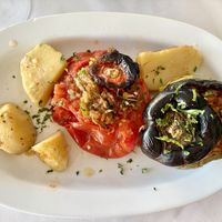 Roasted potatoes, stuffed red and green peppers   at Xenious Zeus in Athens