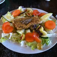 Lentil burger with salad plate. at CB1 Internet Cafe in Cambridge