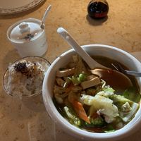 Veggie tofu soup with rice. Added chili sauce and soy sauce to both.  at CIE Sichuan Cuisine in Indio