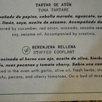 Menu showing stuffed eggplant. at Sura Bar and Bistro in La Fortuna