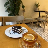 Vegan chocolate cake, with a cup of ginger & lemon tea   at NewDay Patisserie & Coffee in Hanoi