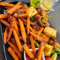 Veggies skewer with sweet potatoes fries at Sam's Coffee and Bistro in Armacao De Pera
