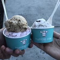 Peanut butter and strawberry on the left, cookies and cream on the right   at Humble Cow Ice Cream in Olympia