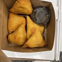 Vegan Samosas with sweet and tangy chutney (sauce)  at Acton Pizza in Acton