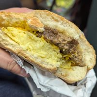 Vegan breakfast sandwich (just egg, vegan cheese, beyond sausage on ciabatta) at Starch in Watertown