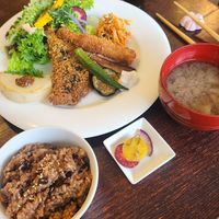 Vegan fried fish lunch plate with enzyme rice at Cosmo Kichen  in Kamakura