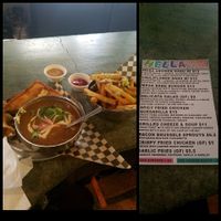 grilled cheeze, cauliflower and sweet potato soup, with a side of garlic fries at Hella Vegan Eats in Oakland