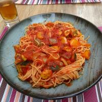 Spaghetti with tomato sauce, pepper and zucchini at Jesharna in Skofja Loka