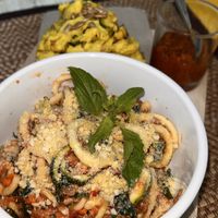 bolognese zucchini spirals, scrambled tofu toast  at Soulscape Café in Koh Phangan