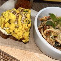 bolognese zucchini spirals, scrambled tofu and ricotta toast  at Soulscape Café in Koh Phangan