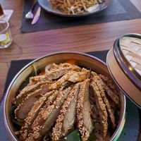 Vegan duck on udon noodles and veg at Goldene Ente & DaDa Lieferservice in Koblenz