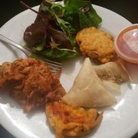 Starters - samosas, salt and chilli aubergine, onion bhaji, dip and salad (shared) at Bombay Babu in South Shields