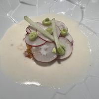 Radish carpaccio with tomato tartare and a coconut soup  at Corral de la Moreria in Madrid