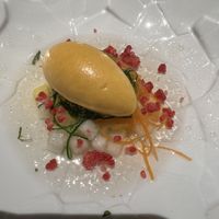 Apricot sorbet with fruit and veg. Had a mint flavor in clear gel  at Corral de la Moreria in Madrid