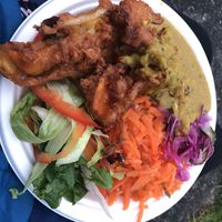 The Works. Veg fritters, dal, salads   at The Fritter Shack  in Machynlleth
