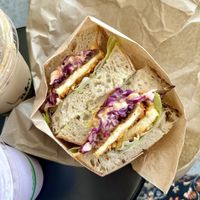 Tofu schnitzel sandwich - deliciouss  at Piknik in Burleigh Heads