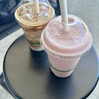 Strawberry smoothie and iced coffee   at Piknik in Burleigh Heads