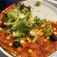 Interesting vegan pizza - but it tasted good!  at Quo Vadis in Comillas