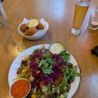 Vegan kapsalon (salad on top of fries with vegan sharma and vegan cheese), vegan bitterballen at Burgertrut in Rotterdam