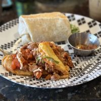 1/2 portions of Huevos Rancheros and Triple B Burrito  at Jitters Coffee Pub in Oceanside