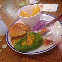 Vegan Chicken effect burger, coleslaw and chips. at Forum Kitchen + Bar in Sheffield