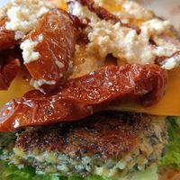 Hamburguesa vegana (queso vegano, tomates secos, hummus) at Mandronius in Viella