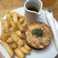 Vegan mushroom pie with chips and gravy   at Rose & Crown in Oxford