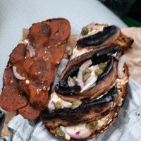 Cabanosi, mushrooms, capers and onions toasted at Suzy Spoon's Vegetarian Butcher in Marrickville