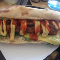 Spicy hot dog at Suzy Spoon's Vegetarian Butcher in Marrickville