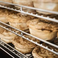 Hot pies incl. pepper steak, butter chicken and mince & cheese (all vegan)  at Suzy Spoon's Vegetarian Butcher in Marrickville