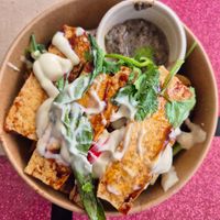 Banh mi bowl $18: delish warm tofu, good pate and mayo, regretted not getting it in a banh mi at Suzy Spoon's Vegetarian Butcher in Marrickville