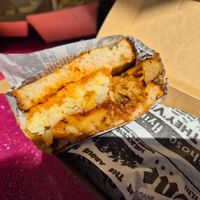 Seitan toastie $17: really good, very cheesy, almost like a philly cheesesteak just w/o capsicum at Suzy Spoon's Vegetarian Butcher in Marrickville