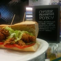 oyster mushroom po boy sandwich close up at Chickpea & Olive in Brooklyn