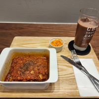 Lasagne and an iced soy milk chocolate at HealthyTOKYO CBD Shop & Cafe - Shinjuku in Tokyo