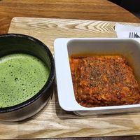 Lasagne, hot matcha. at HealthyTOKYO CBD Shop & Cafe - Shinjuku in Tokyo