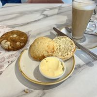 Lemon scone and Biscoff stuffed cookie with an oat milk latte    at Tiers and Sprinkles in Leyburn