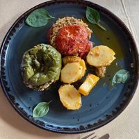 Stuffed pepper and tomato  at Menu Me Nou - Menu με νου in Naxos