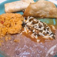 Vegan chile relleno, champagne, and chimichanga, with rice and beans at Crepe Haus + El Compadre in Kennewick