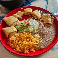 Mushroom flautas with vegan cheese and sourcream. Beans and rice also vegan at Crepe Haus + El Compadre in Kennewick