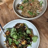 Rice noodle rolls and vegan fried rice  at Lotus in Highgate