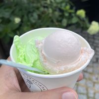 Waldmeister and White peach  at Eiscafé St. Bernhard in Dreieich