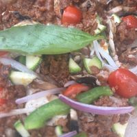 Vegetarian pizza with our own home brought violife Mozarella and crumbled beyond hot Italian sausage.  Wish they had vegan cheese and meat but this allowed us to try their pizza.   at Tarantella Ristorante in Weston-super-mare