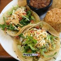 Two tacos plate with rice and beans(vegan) with Daiya cheese, soy beef or soyrizo.  Rice and beans are vegan.  They are delicious! at Tacos Cancun in Costa Mesa