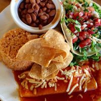 Soy ground beef and Daiya cheese enchilada combo at Tacos Cancun in Costa Mesa